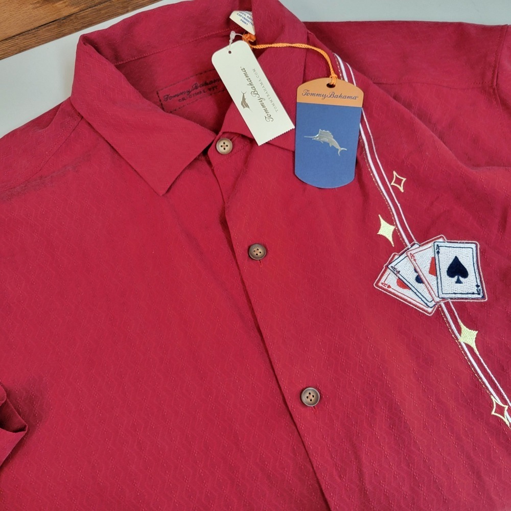 Tommy Bahama Blue Fin Lounge Silk Camp Shirt Red Playing Cards Marlin Mens L NEW - Picture 1 of 10